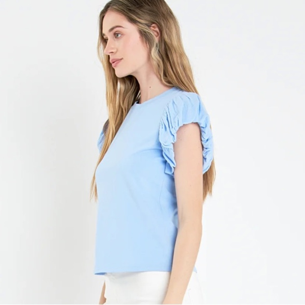 English Factory MIXED MEDIA T-SHIRT Size XS Powder Blue NWT - Picture 6 of 10